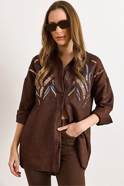 Olalook Women's Bitter Brown Sequin Wool Effect Oversized Winter Shirt Gml-19001157