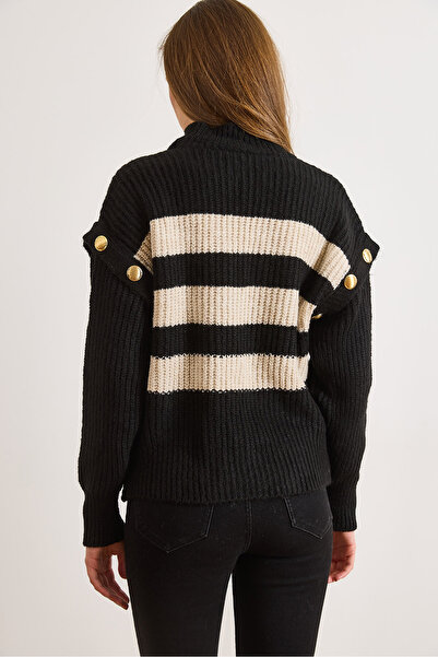 Olalook Women's Black and White Shoulder Detailed Buttoned Striped Knit Sweater Kzk-19001080