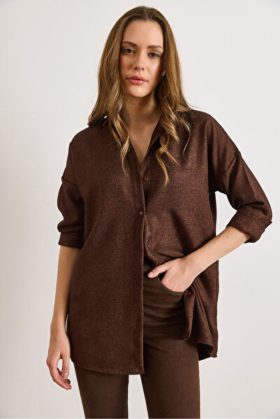 Olalook Women's Bitter Brown Wool Effect Winter Basic Shirt Gml-19001256