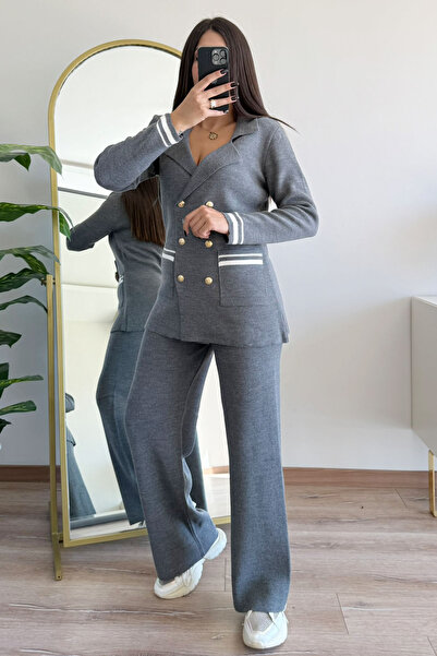 CİDDE Women's Double-Breasted Collar Pocketed Knitwear Bottom-Top Set