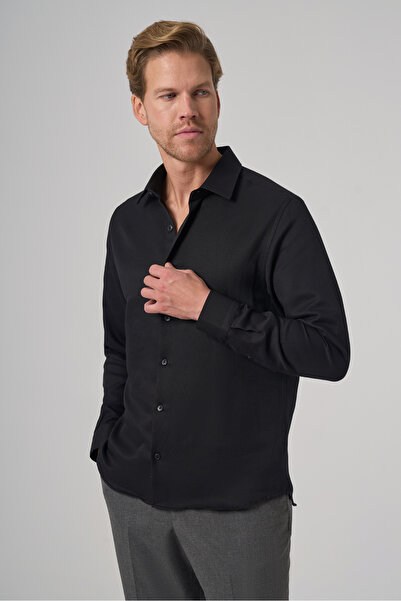 Morven Men's Black Polyester Trend Patterned Dynamic Fit Italian Collar Shirt