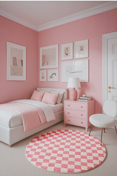 EUROBANO Checkerboard Patterned Circle Round Carpet Non-Slip Latex Based Washable Chess Collection