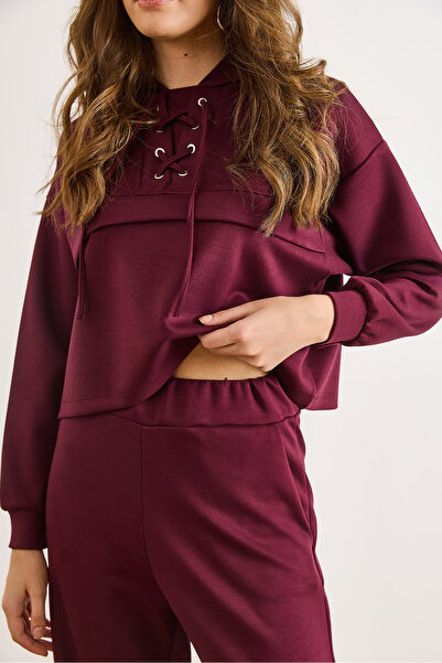 Olalook Women's Burgundy Eyelet Detailed Top with Pocket Bottom Tracksuit Set Etkm-0000090