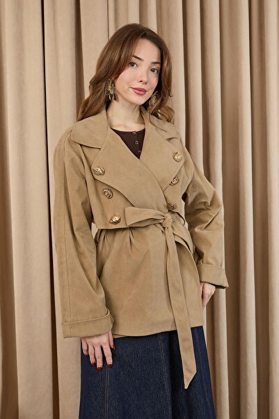 Soul Women's Brooch Detailed Short Trench - 32405 - Mink