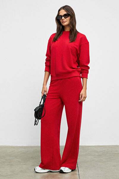 ETHIQUET Anselma Women's Organic Cotton Regular Elastic Waistband Double Pocket Wide Leg Red Top and Bottom T-Shirt