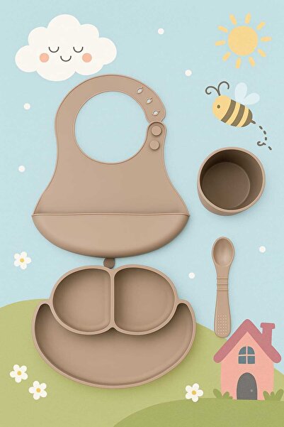 CKM silikon Silicone 4 Piece Baby Feeding Set Beige
