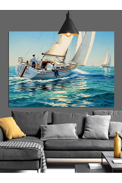 KanvasSepeti Barcă cu pânze Pictură în ulei de înaltă calitate texturat Canva...