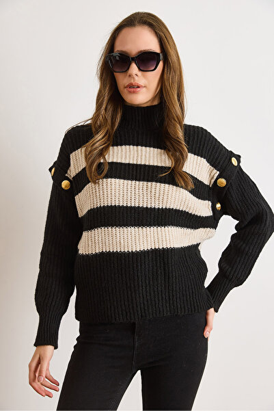 Olalook Women's Black and White Shoulder Detailed Buttoned Striped Knit Sweater Kzk-19001080