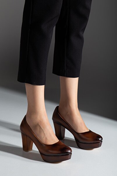 ALPELLİByAlp Women's Tan Genuine Leather Premium Design Low-Cut Low Platform Heeled Shoes