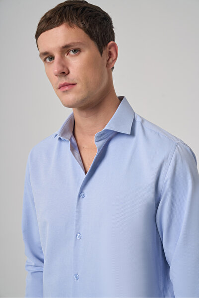 Morven Men's Blue Polyester Trend Patterned Dynamic Fit Italian Collar Shirt