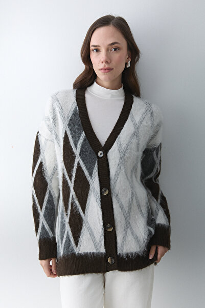 Laluvia Dark Brown - Cream Baklava Patterned Cardigan - 251090