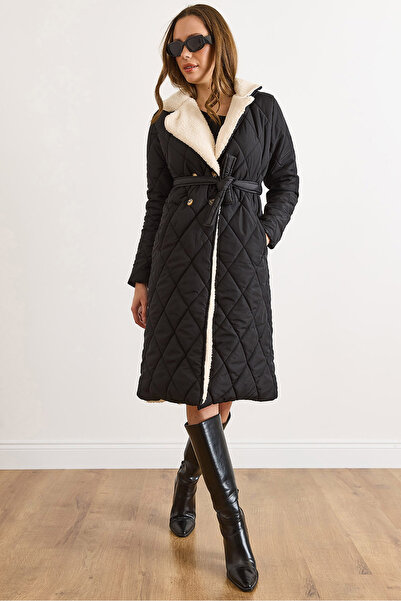 Olalook Women's Black Fur Detailed Quilted Coat Mnt-19000052