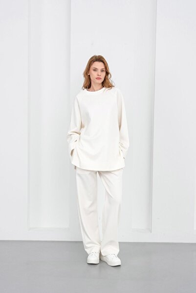 Basicpark Ecru Women's Embroidery Detailed Oversized Pique Textured Wide Leg Top and Bottom Set