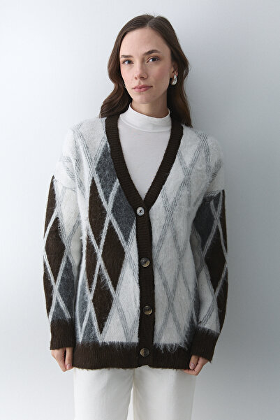 Laluvia Dark Brown - Cream Baklava Patterned Cardigan - 251090