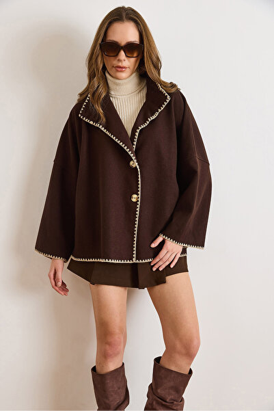 Olalook Women's Brown Pocketed Shepherd Stitched Unlined Oversized Cashmere Jacket Ckt-19000500