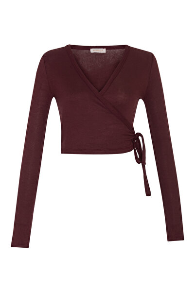 AQUELLA Maysa Double-Breasted Burgundy Ribbed Knit Cardigan