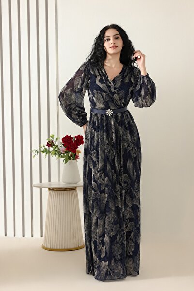 berlanty Navy blue maxi dress with a wrap design and a shimmering leaf print