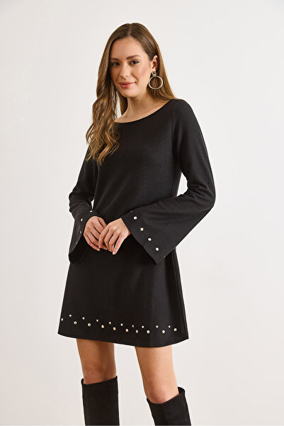 Olalook Women's Black Staple Detailed Wide Neck Bell Cut Winter Thessaloniki Dress Elb-19002570