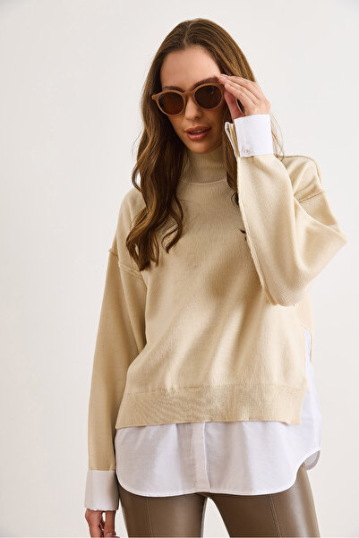 Olalook Women's Stone Shirt Detailed Mock Neck Knitwear Sweater Kzk-19001086