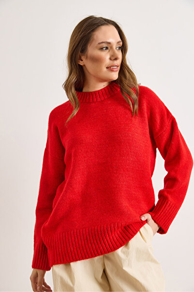 Olalook Women's Red Crew Neck Thick Wick Detail Oversized Knitwear Sweater Kzk-19001088