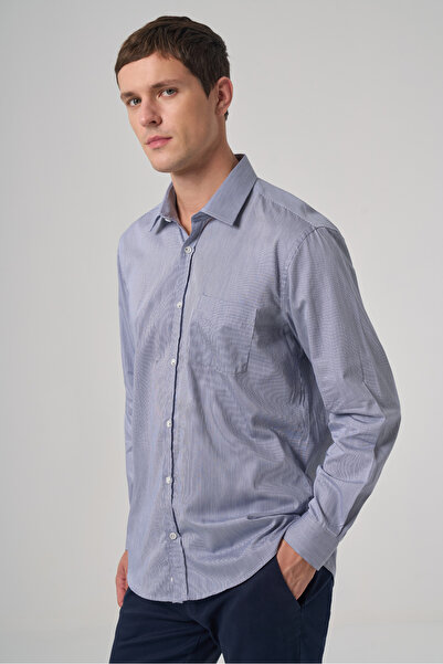 Morven Men's Navy Blue Cotton Trend Striped Regular Fit Hard Collar Shirt