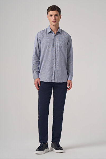 Morven Men's Navy Blue Cotton Trend Striped Regular Fit Hard Collar Shirt