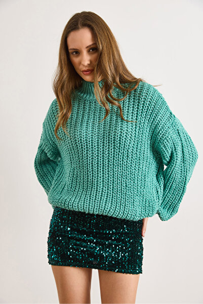 Olalook Women's Mint Green Mock Neck Stretchy Thick Knit Sweater Kzk-19001083