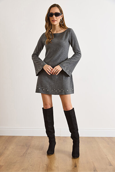 Olalook Women's Smoked Staple Detailed Wide Collar Bell Cut Winter Thessaloniki Dress Elb-19002570