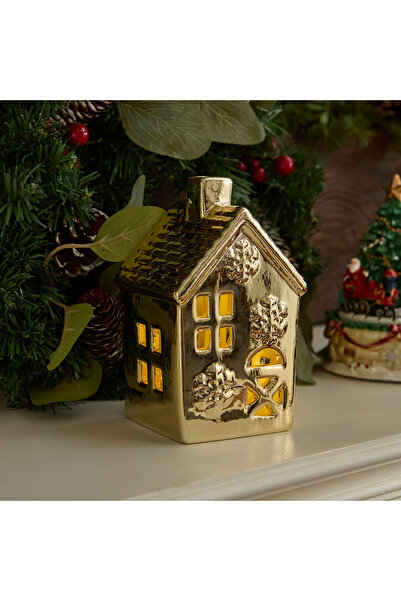 Karaca Home New Year Yılbaşı Gold House Ledli Dekoratif Obje 8,5 x 8,3 x 14,4 cm