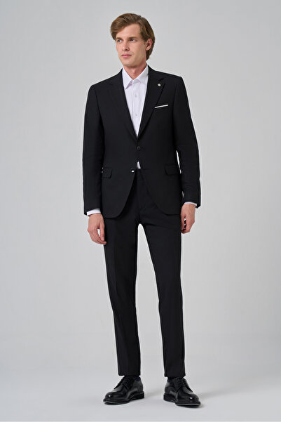 Morven Men's Black Wool Slim Fit Mono Collar Suit