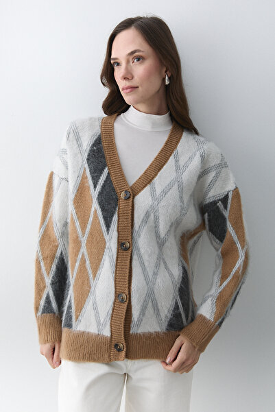 Laluvia Camel Bone Baklava Patterned Cardigan - 251090