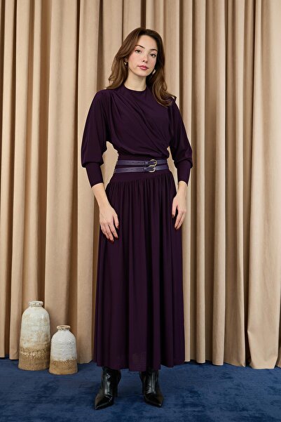 Puane Women's Drape Collar Belted Long Dress -12659Elb - Damson