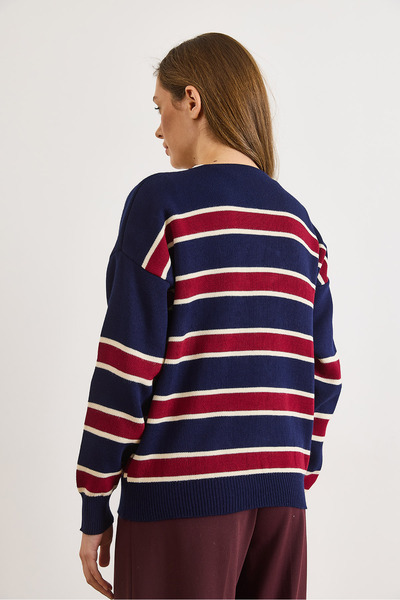 Olalook Women's Navy Blue Claret Red Striped Oversized Knitwear Cardigan Hrk-19000446
