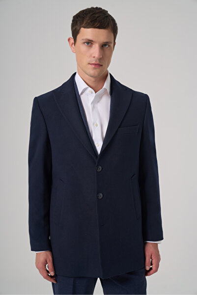 Morven Men's Navy Blue Plain Pointed Collar Dynamic Fit Coat