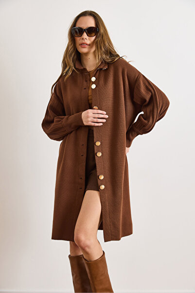 Olalook Women's Bitter Brown Button Detailed Coat Cardigan Hrk-19000445