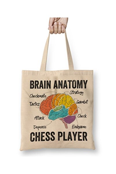 Toyaso Chess Funny Brain Anatomy of Chess White Cloth Bag Long Handle Shopping Bag Beach Bag