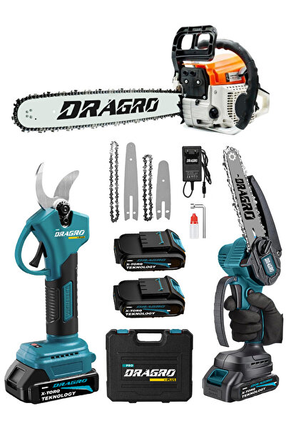 Dragro 3'lü Set 9.9 Hp Benzinli Odun Ağaç Kesme Motoru 21v Akülü Dal Budama M...