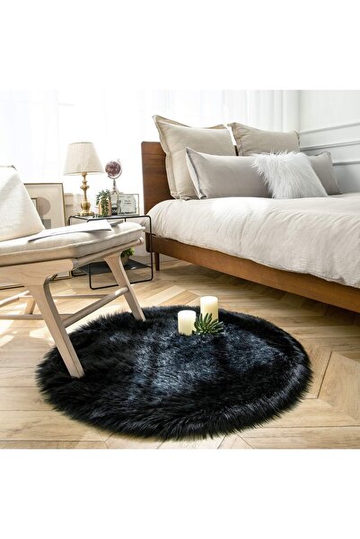 Faria Covor rotund pufos, diametru 90 cm, blană artificială, bază antiderapan...