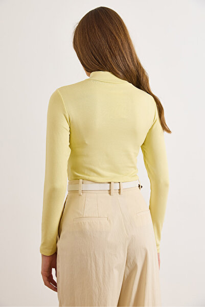 Olalook Women's Yellow Shoulder Stitching Detailed Crop Soft Touch Blouse Blz-19003178