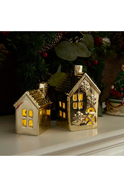 Karaca Home New Year Yılbaşı Gold House Ledli Dekoratif Obje 8,5 x 8,3 x 14,4 cm