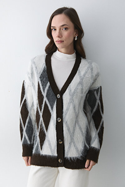Laluvia Dark Brown - Cream Baklava Patterned Cardigan - 251090