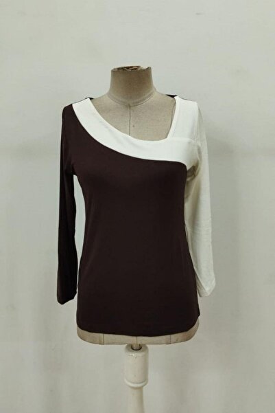 Mossta Geometric Collar Double Color Viscose Blouse - Brown