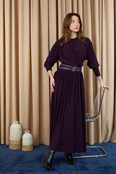 Puane Women's Drape Collar Belted Long Dress -12659Elb - Damson