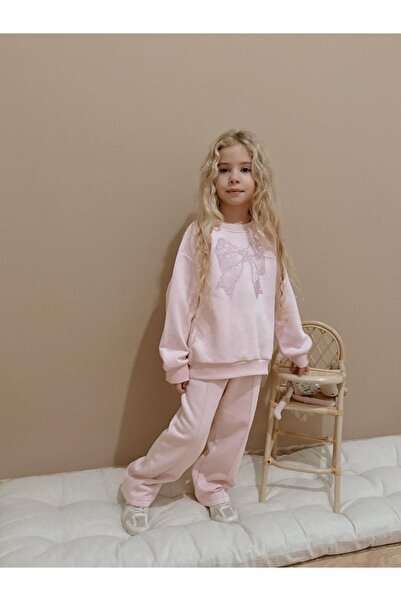Patriko Girl's Dusty Pink Color Inner Fleece Big Stone Bow Winter New Season Stylish Bottom-Up Top Set