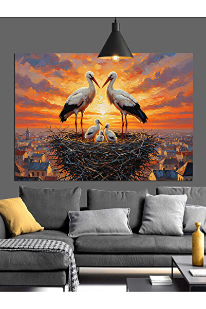 Artmeg Leylek Ailesinin Yuvası Dekoratif Kanvas - Mdf Ahşap Tablo