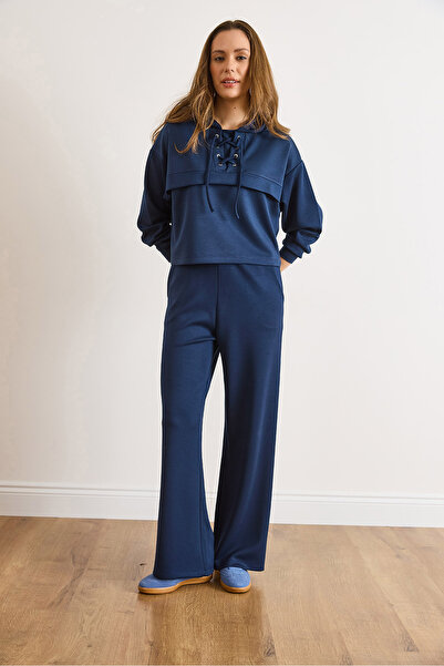 Olalook Women's Navy Blue Eyelet Detailed Top Pocket Bottom Tracksuit Set Etkm-0000090