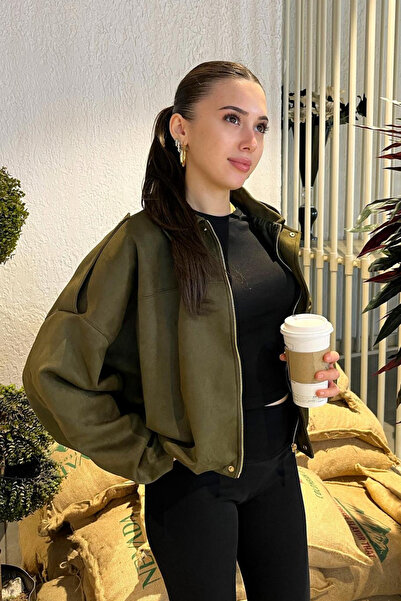 Rich Women's Khaki Oversized Suede Bomber Jacket