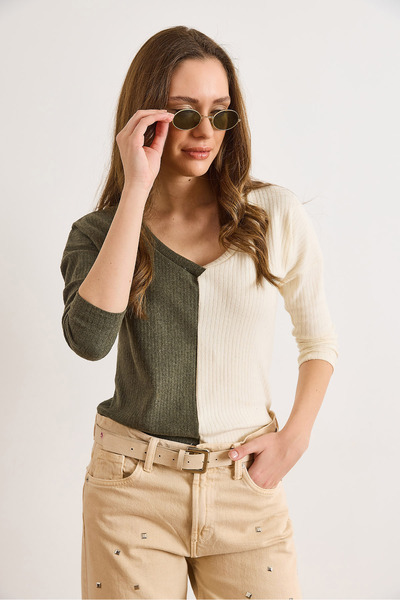 Olalook Women's Khaki Ecru Blocky Fleece-Lined Casual Blouse Blz-19002519