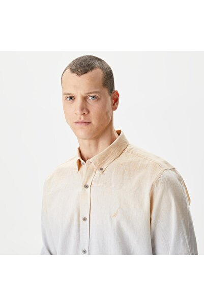 Nautica Men's Beige Classic Fit Long Sleeve Color Block Shirt