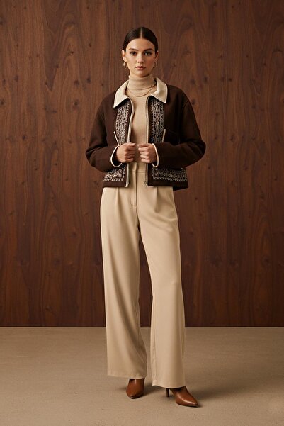 Loreen Women's Embroidery Detailed Short Jacket - 20719Ckt - Brown-Beige